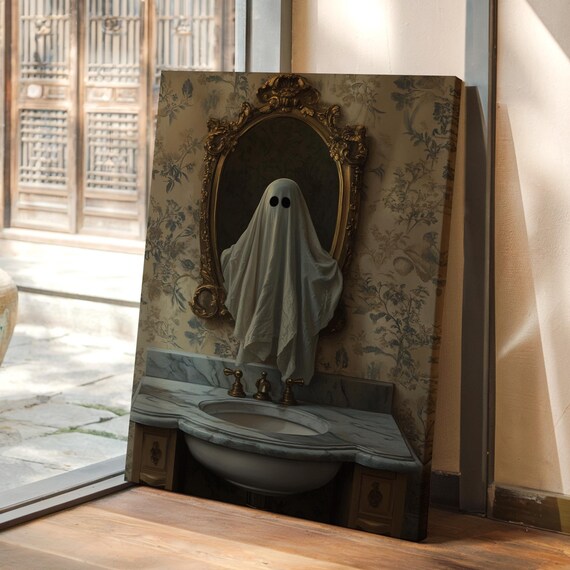 Sheet Ghost Emerging from Ornate Gold Mirror Above Marble Sink Art Poster