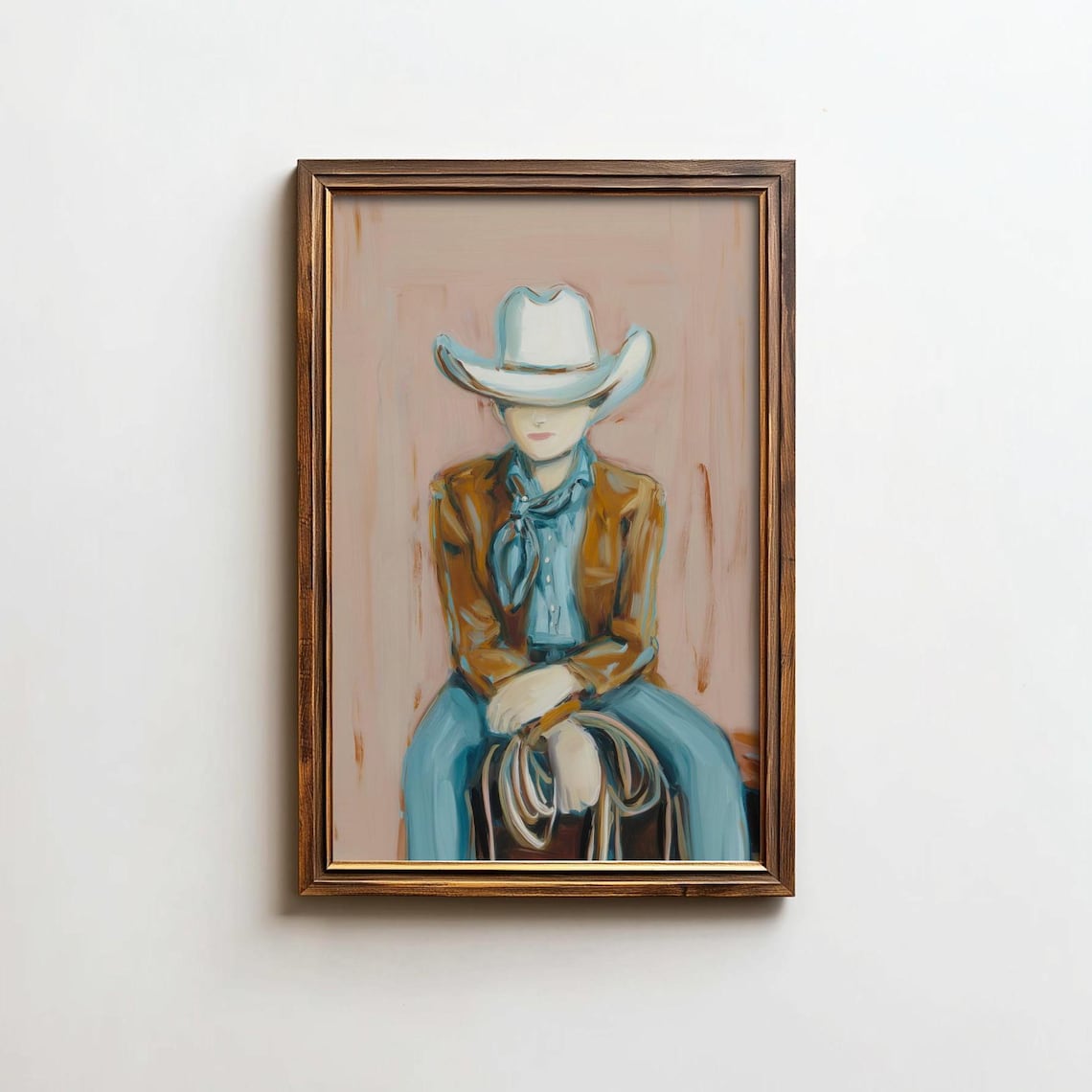Faceless Cowgirl White Hat Lasso Soft Pink Western Art Poster