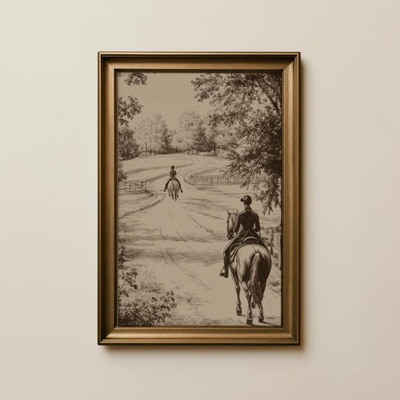 Equestrian Toile Print Neutral Heritage Style Decor Cottage Core Village Art Country Farmhouse Digital Download