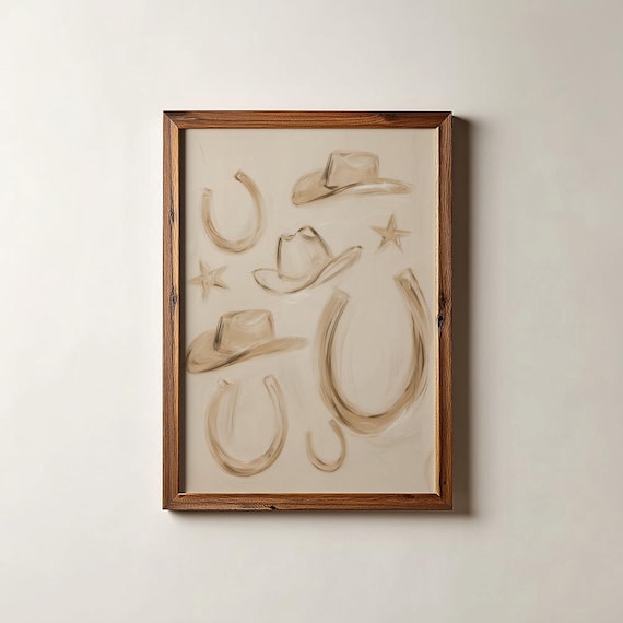 Western Cowboy Hats and Horseshoes Sketch Minimalist Wall Art