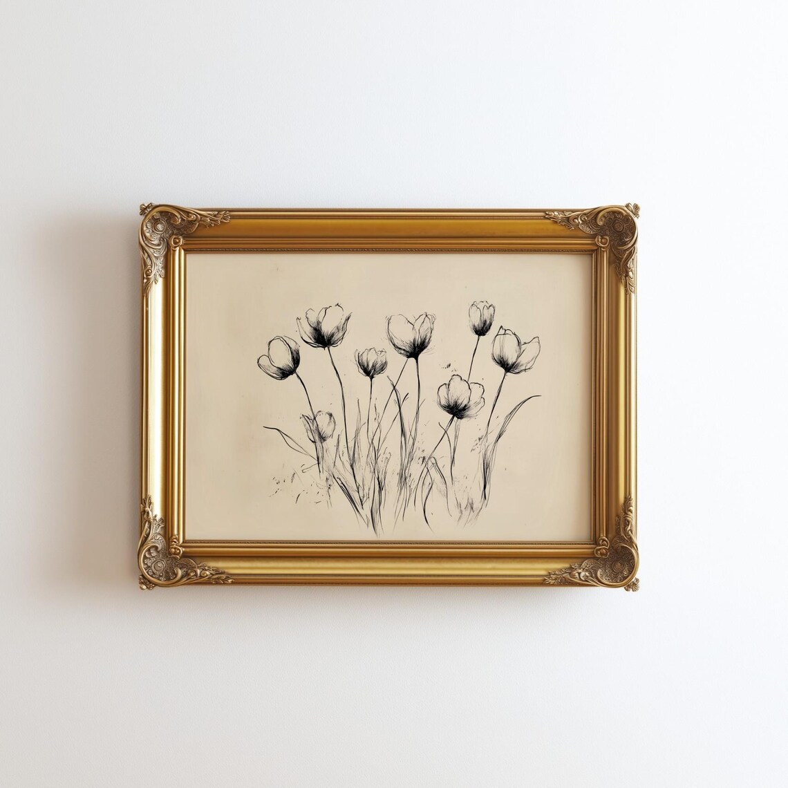 Vintage Floral Sketch Art Print, Cottagecore Flowers