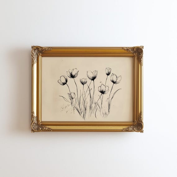 Vintage Floral Sketch Art Print, Cottagecore Flowers