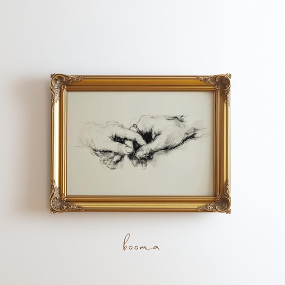 Romantic Holding Hands Couple Charcoal Sketch Love Art Print
