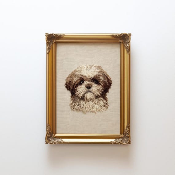 Shih Tzu Dog Portrait Embroidery Print Minimalist Pet Wall Art Digital Download