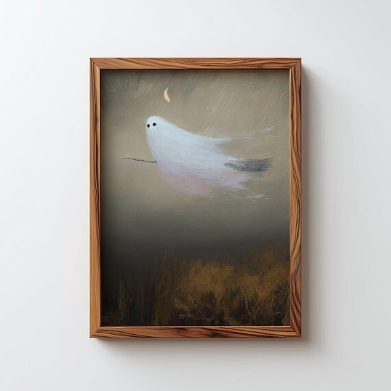 Floating Ghost Crescent Moon Night Moody Painterly Halloween Print