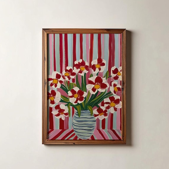 Red White Flowers Striped Vase Bold Floral Bouquet Colorful Art Poster