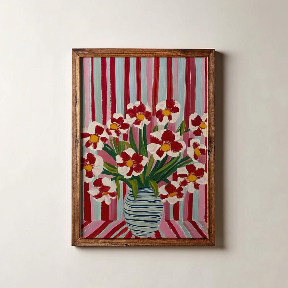 Red White Flowers Striped Vase Bold Floral Bouquet Colorful Art Poster