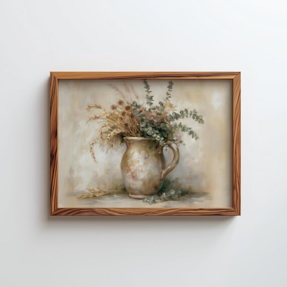 Ceramic Pitcher Dried Wildflowers Eucalyptus Neutral Still Life Poster