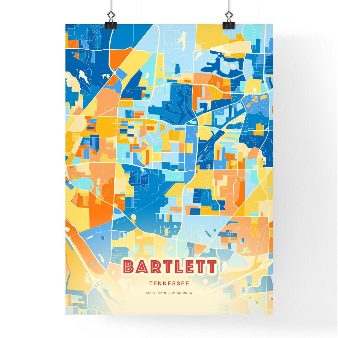 Bartlett Tennessee Colorful Blue and Orange Retro City Street Map Wall Art