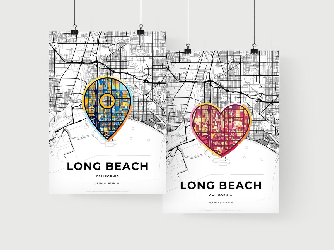 Long Beach California Minimal Map Art With Colorful Heart Icon Poster - Image 2