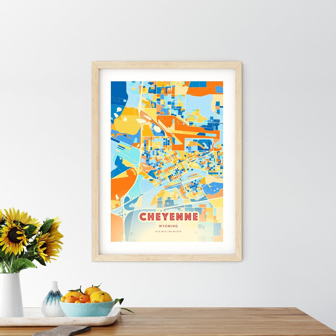 Cheyenne Wyoming Colorful Blue and Orange Retro City Street Map Wall Art - Image 2