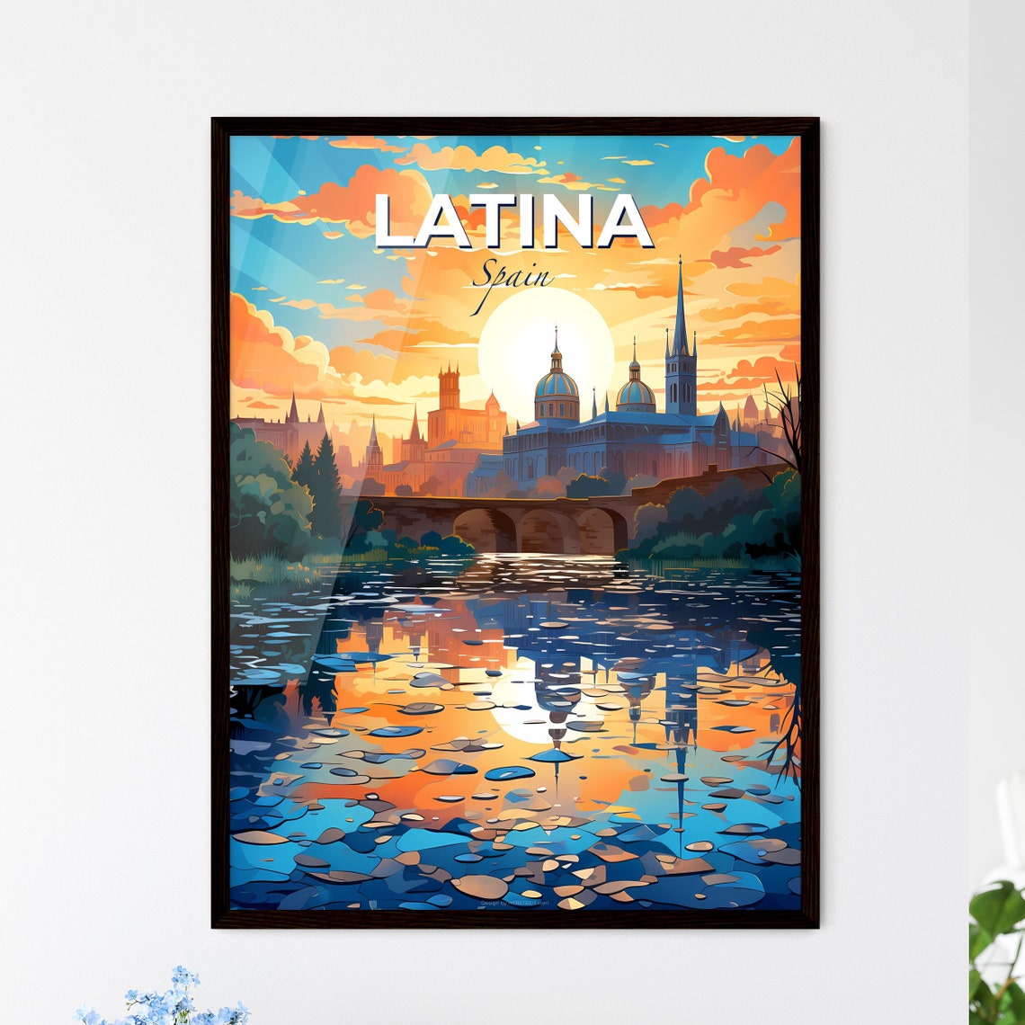 Latina Spain Sunrise Cathedral Bridge Over the Water Art Poster