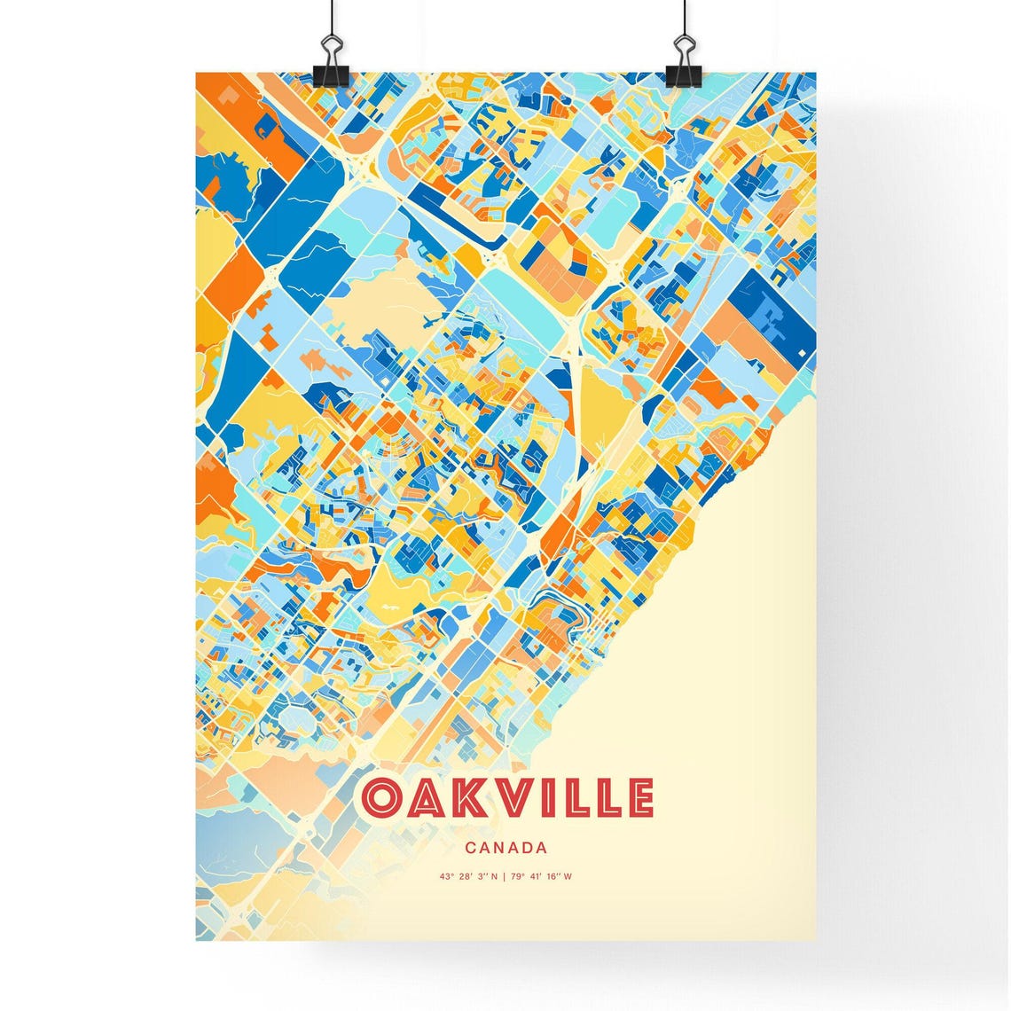 Oakville Canada Colorful City Map Art Poster in Orange Blue and Cream - Image 3