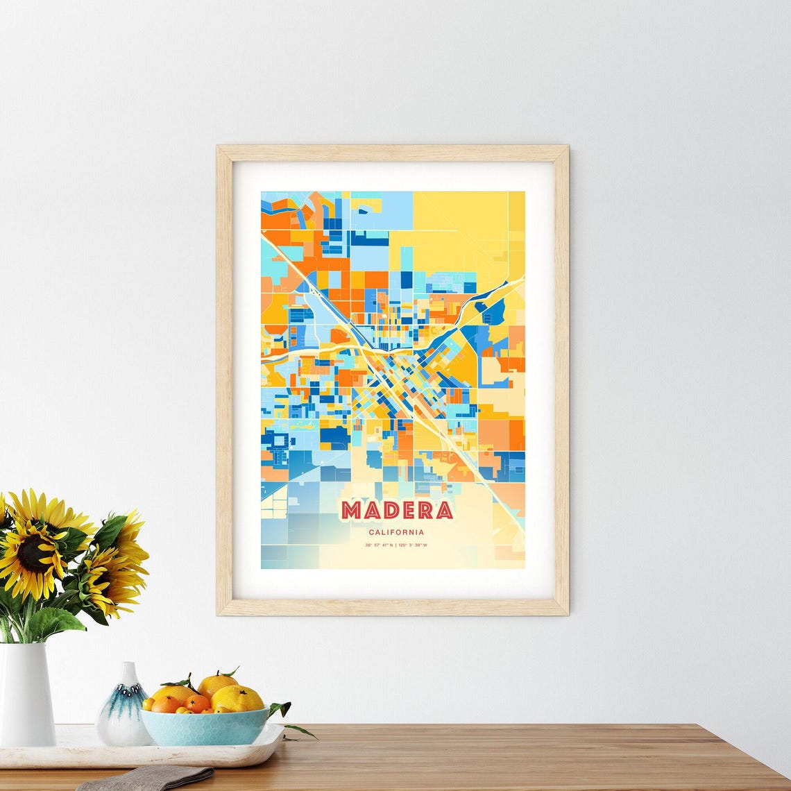 Madera California Modern Colorful City Street Map Art Poster - Image 2
