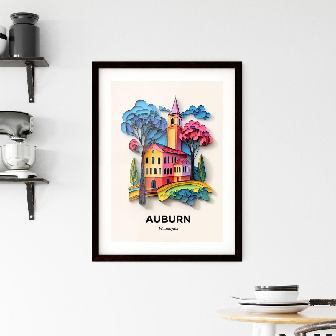 Auburn Washington Colorful 3D Paper Cut Church Trees Art Poster - Image 2