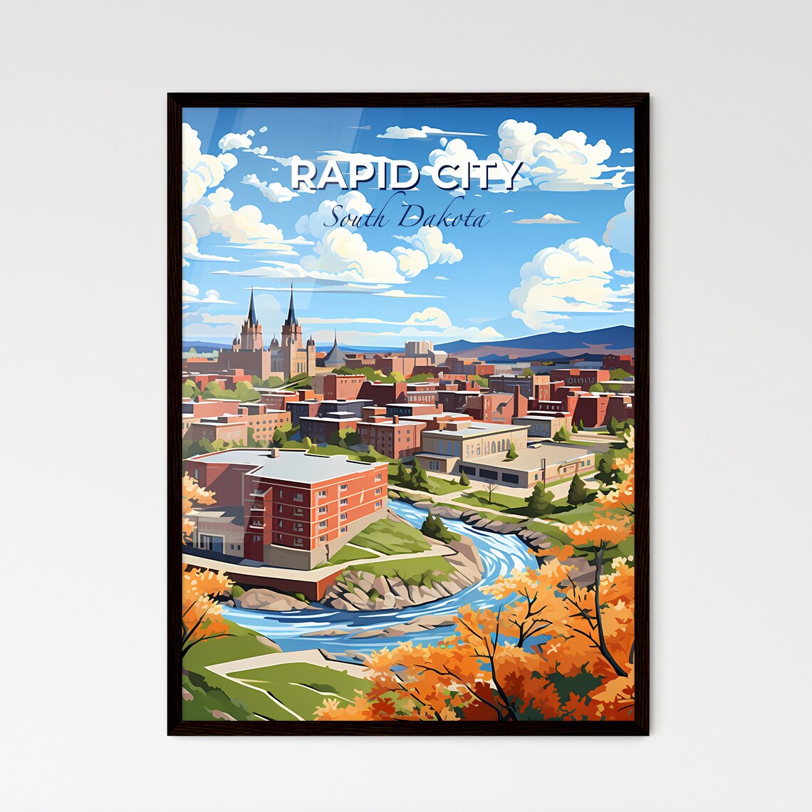 Rapid City South Dakota Autumn River Trees Sunny Cityscape Poster