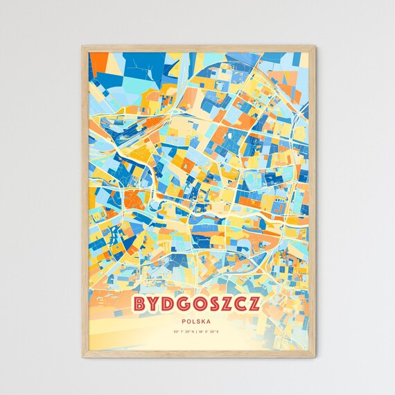 Bydgoszcz Poland Colorful City Map Poster Blue Orange Polish Wall Decor