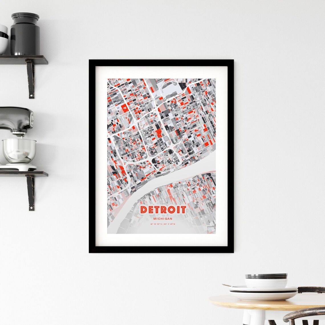 Detroit Michigan Modern Red Gray Expressive City Map Poster Customizable - Image 2