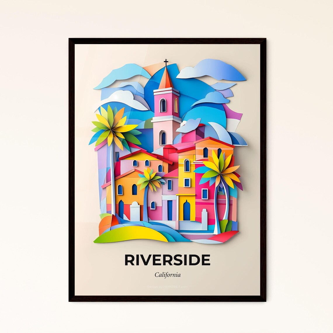 Riverside California Colorful 3D Paper Cut Cityscape Art Poster