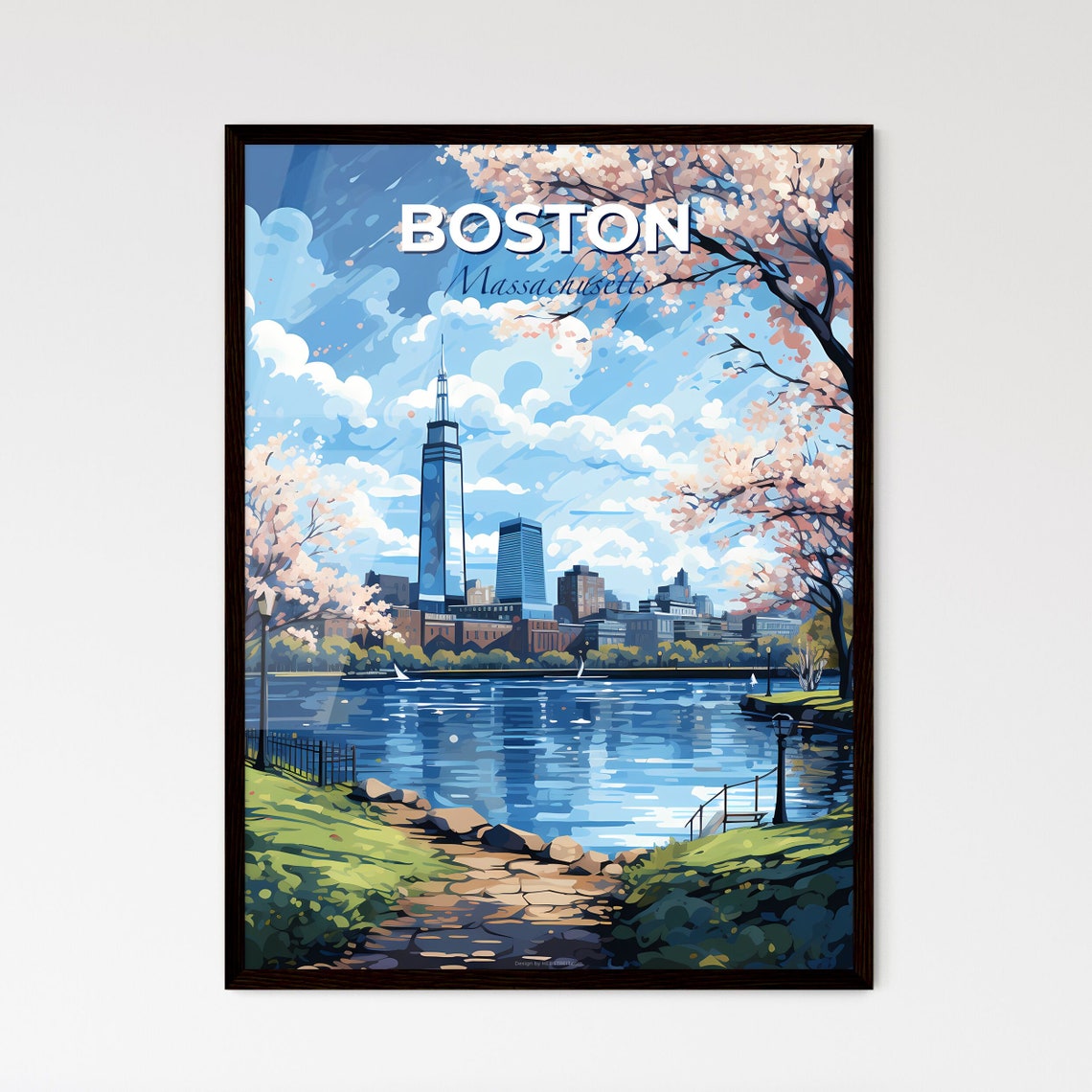 Boston Massachusetts Skyline Poster Cherry Blossom Waterfront Travel