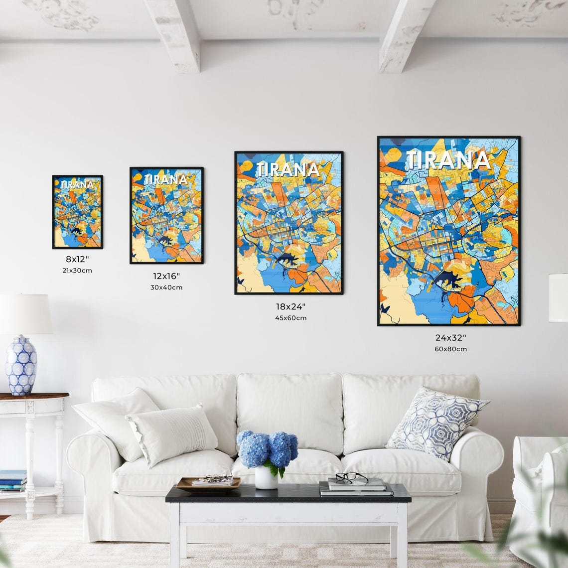 Tirana Albania Colorful Art Map Poster in Blue and Orange Tones - Image 3