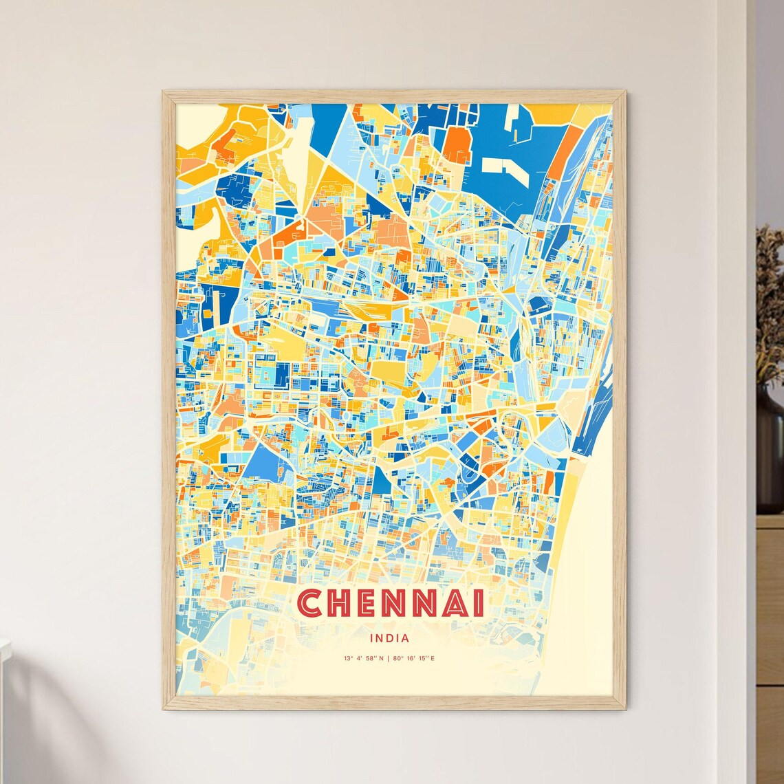 Chennai India Colorful Blue and Orange City Street Map Poster
