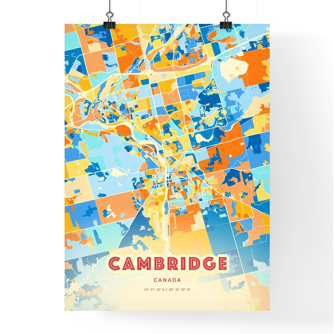 Cambridge Canada Colorful Blue Orange Modern City Street Map Poster - Image 3