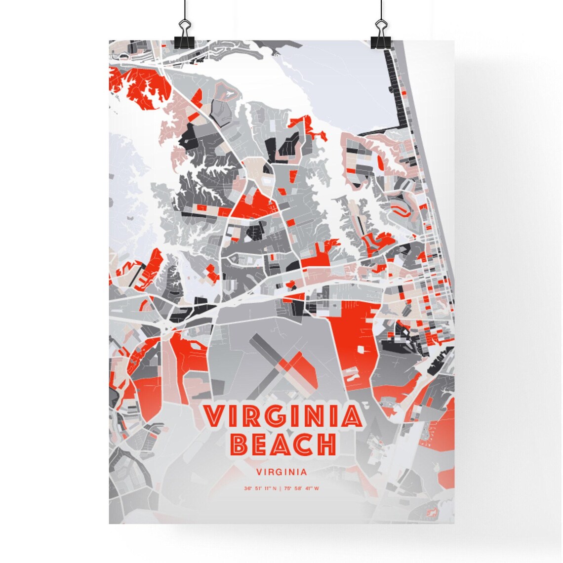 Virginia Beach Virginia Modern Red Gray Expressive City Map Poster Customizable - Image 3