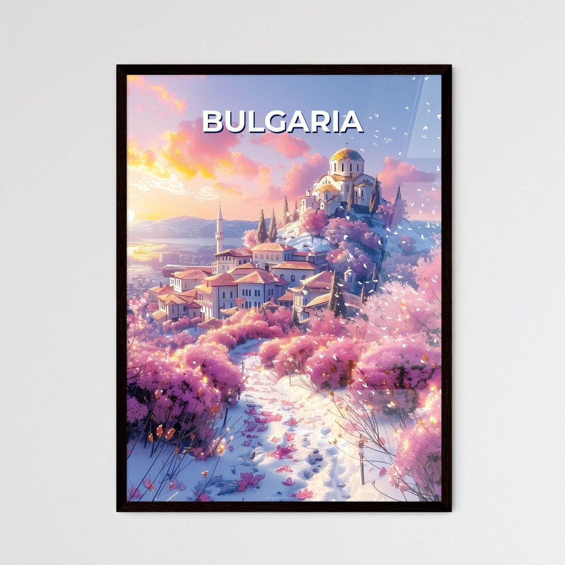 Bulgaria Hilltop Old Town Church Dome Blossom Sunset Travel Poster