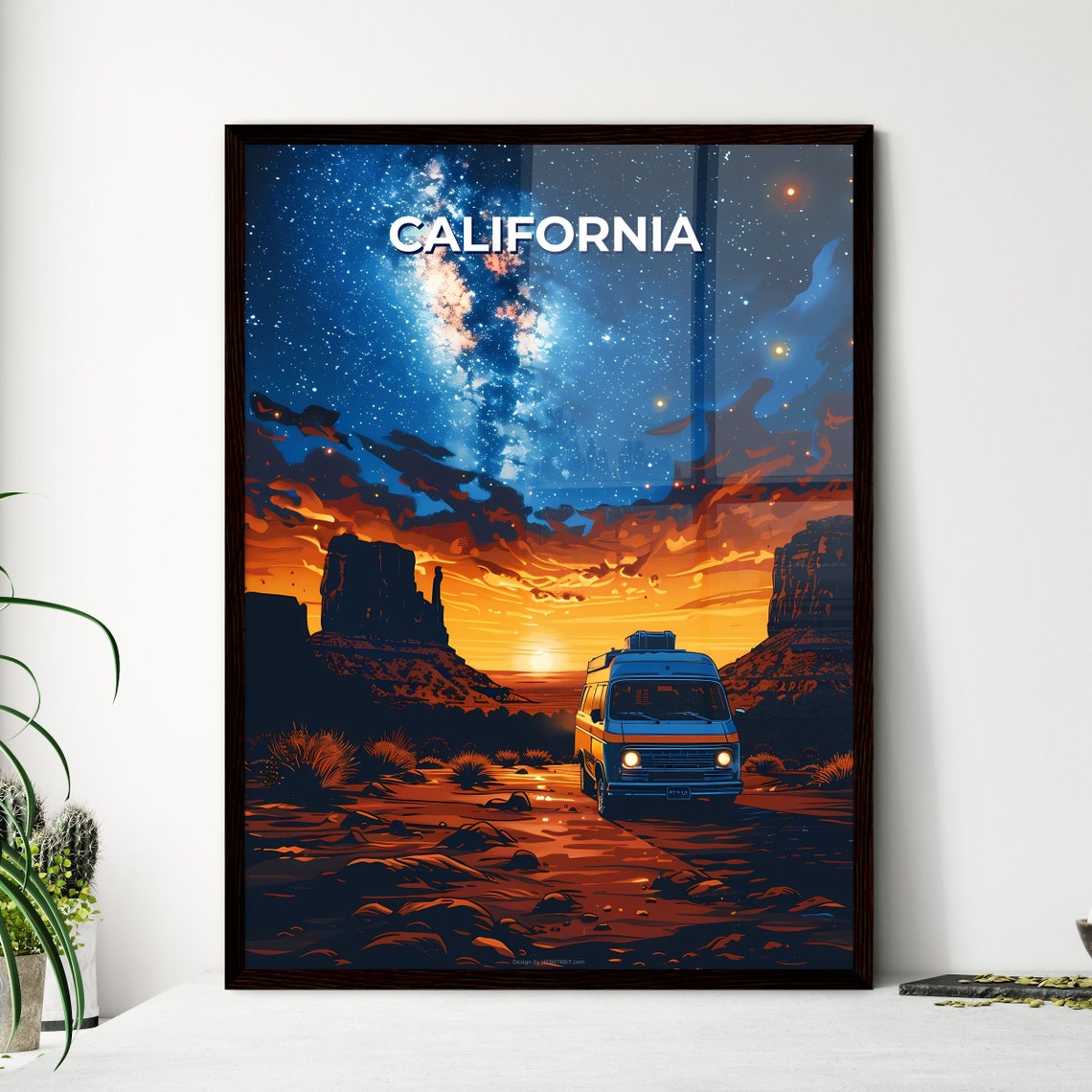 California Desert Sunset Camper Van Milky Way Night Art Poster