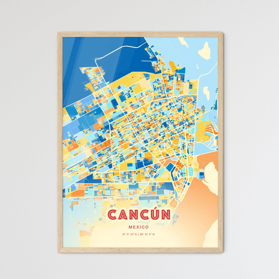 Cancun Mexico Colorful Blue Orange City Street Map Coordinates Poster
