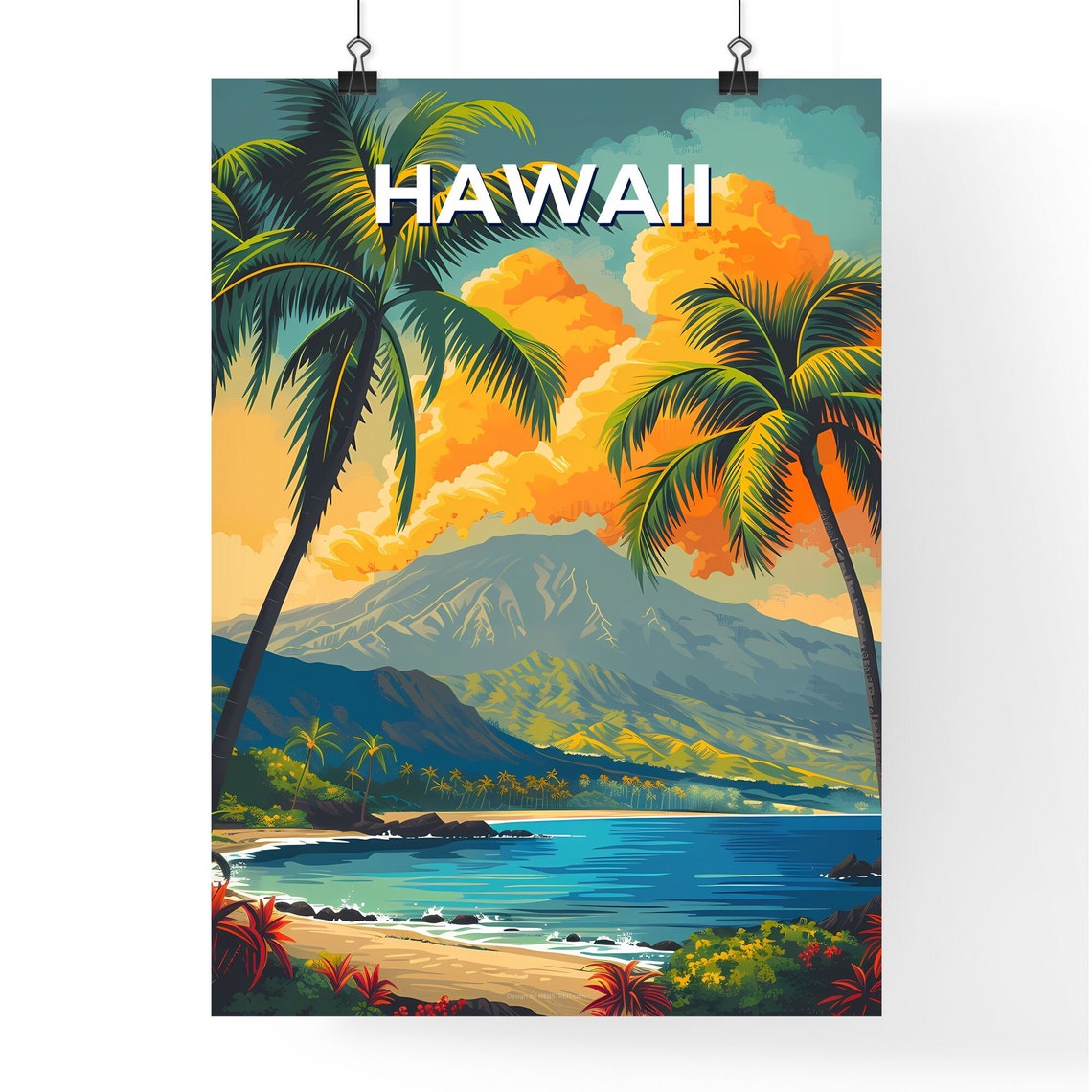 Hawaii Palm Beach Turquoise Bay Mountain Retro Travel Poster - Image 4