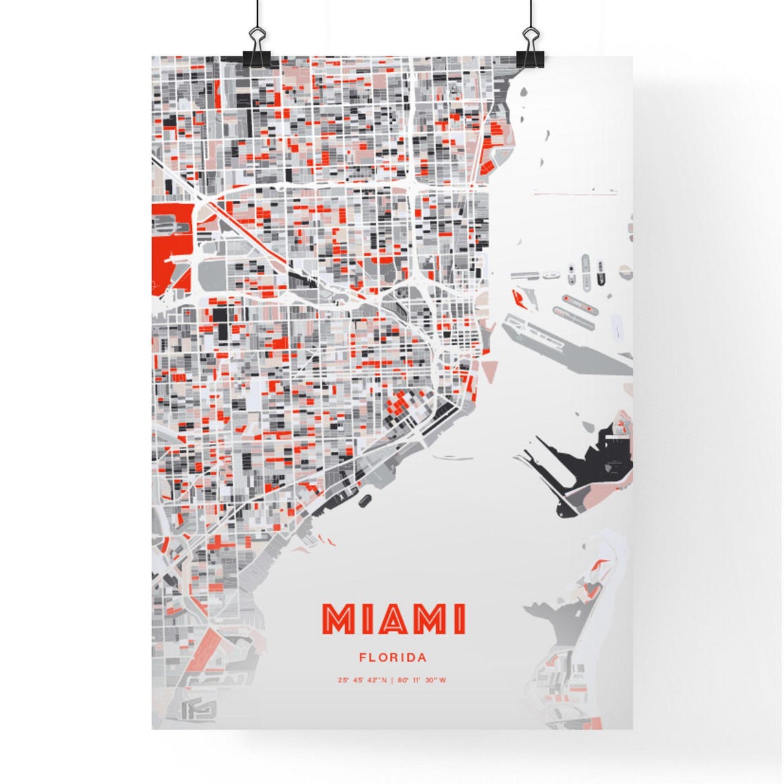 Miami Florida Expressive Bold Red City Street Map Artwork Poster - Image 3