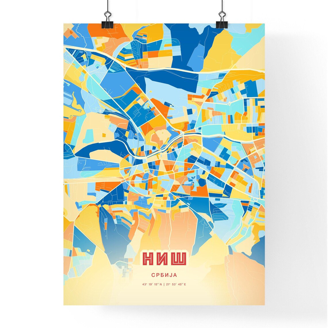 Nis Serbia Blue Orange Colorful City Map Art Poster With Coordinates - Image 3