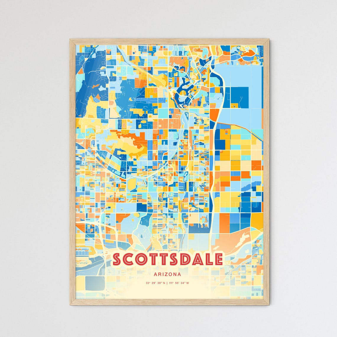 Scottsdale Arizona Bold City Map Art Poster in Orange Blue and Cream