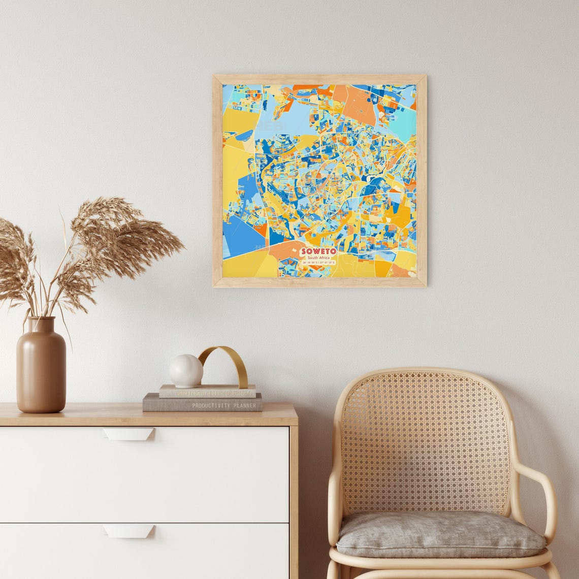 Soweto South Africa Blue Orange Abstract City Map Fine Art Poster