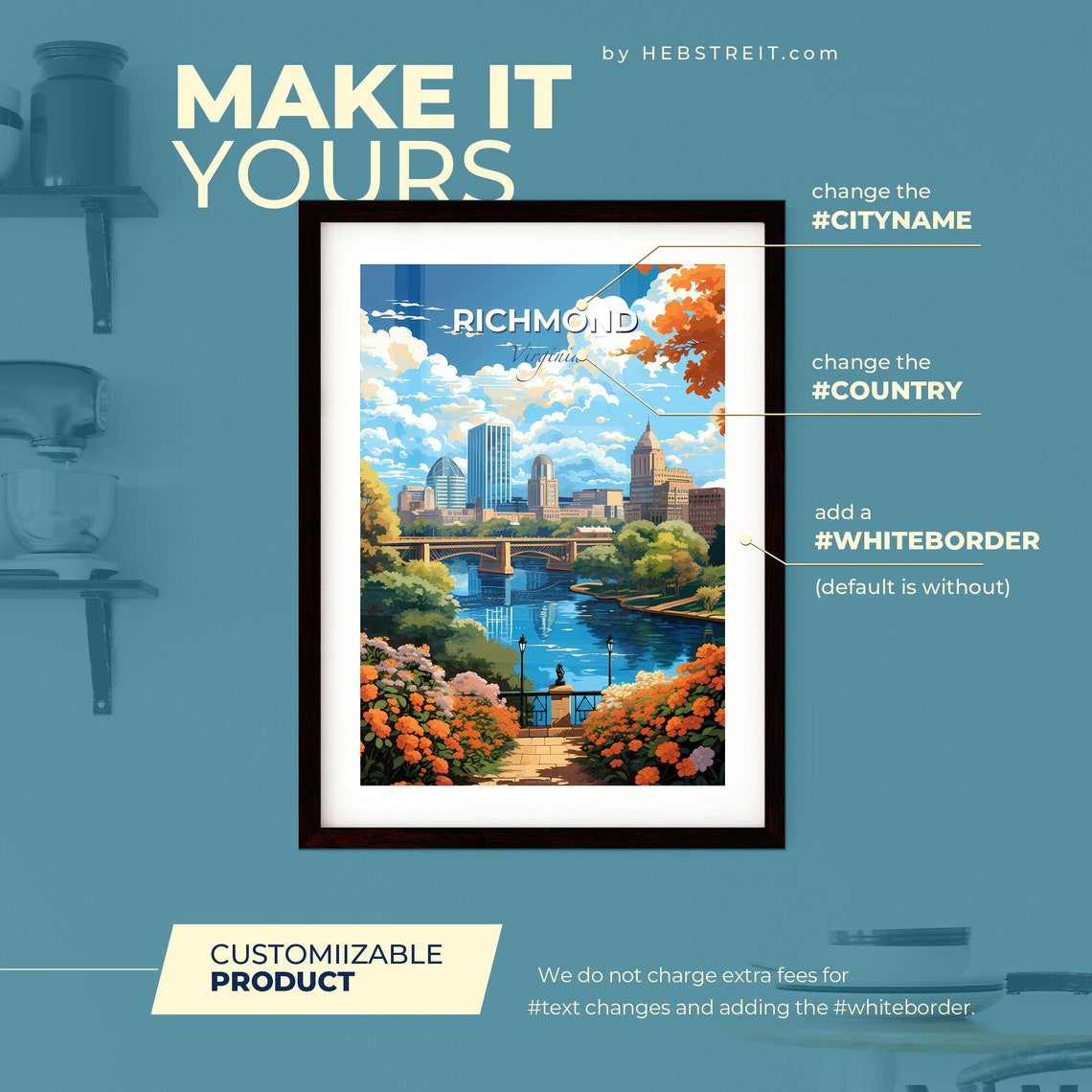 Richmond Virginia River Bridge Skyline Flowers Travel Poster - Image 3