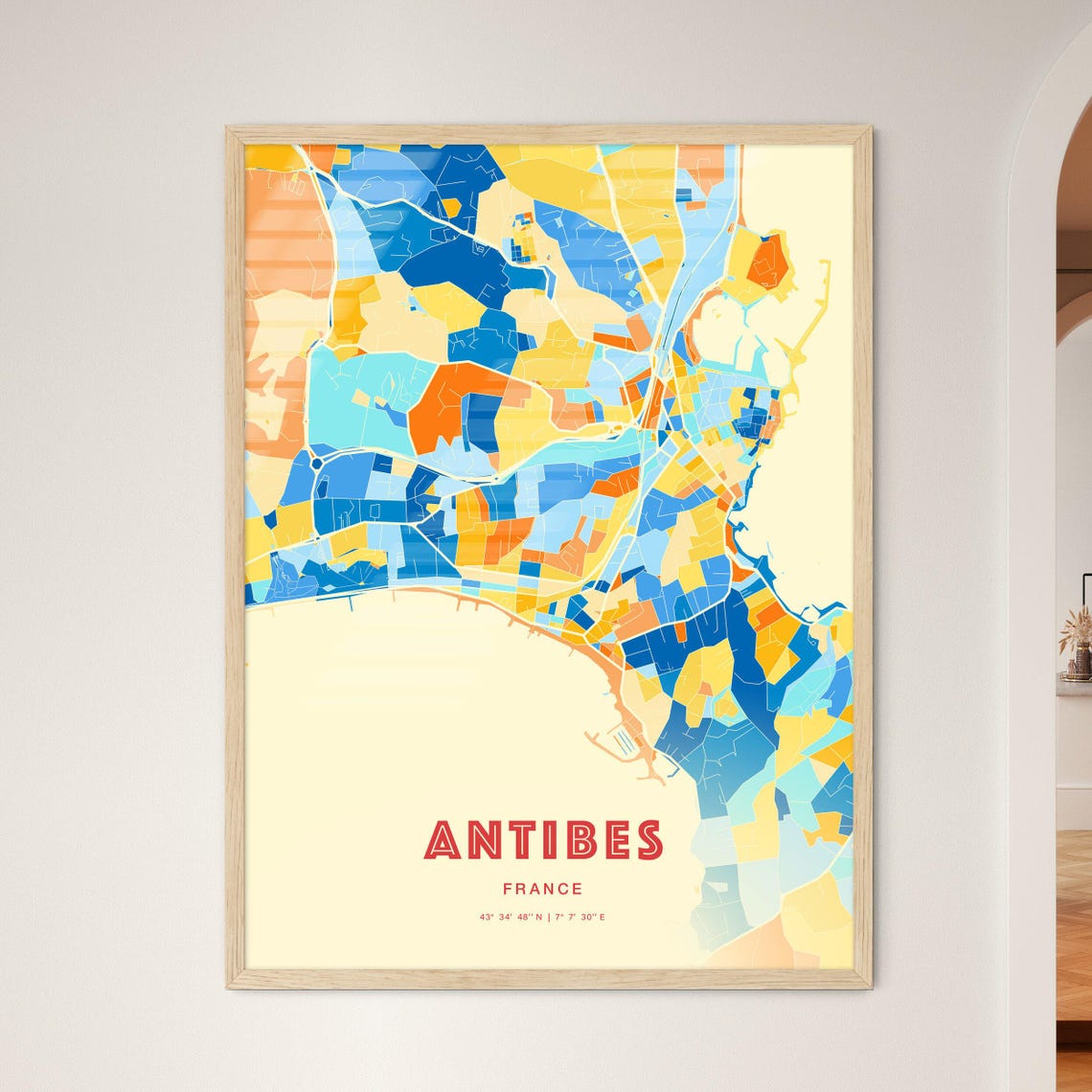 Antibes France Coastal Modern Colorful City Map Blue Orange Poster