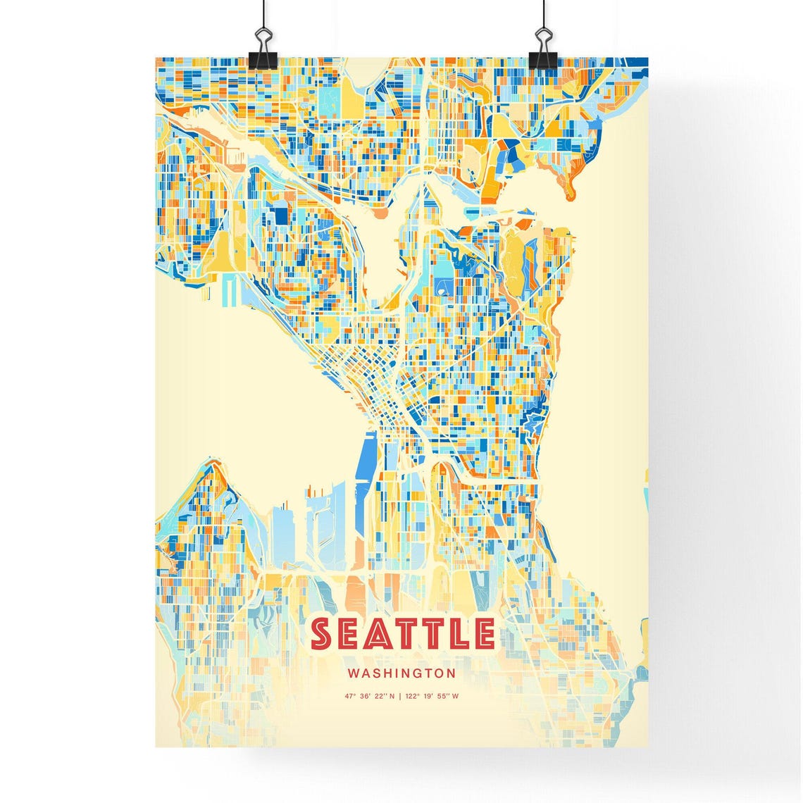 Seattle Washington City Map Art Poster Orange Blue Coordinates - Image 3