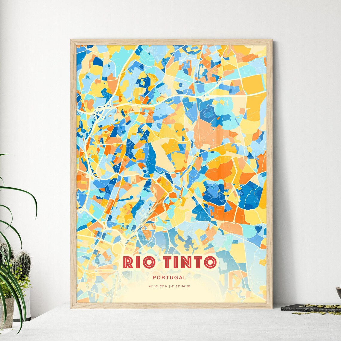 Bold Blue Orange Street Map Art Poster of Rio Tinto Portugal City - Image 3