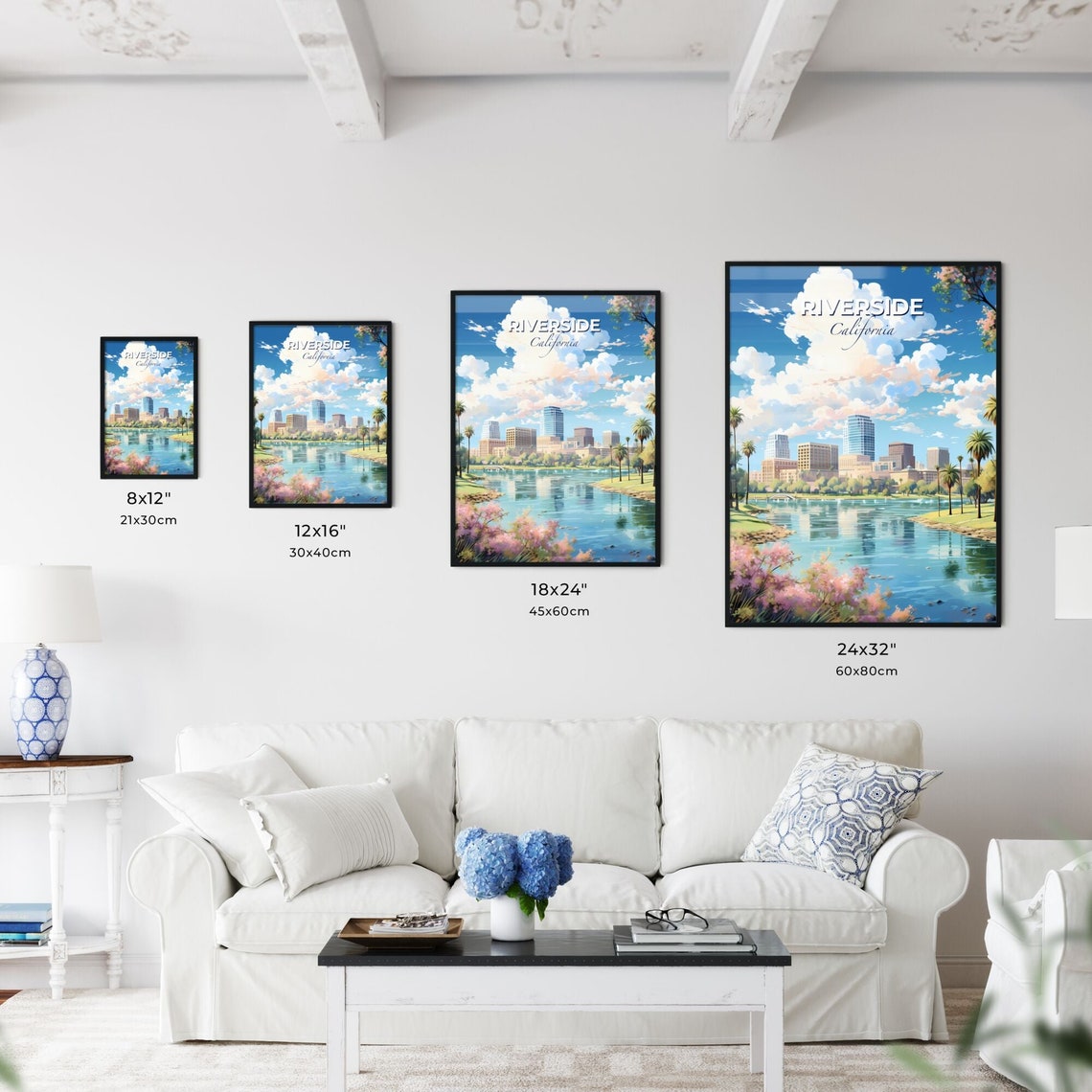 Riverside California Skyline Lake Sunset Anime Travel Poster - Image 3