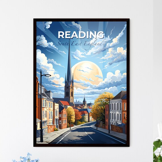 Reading England Church Spire Street Sunset Vintage Travel Poster