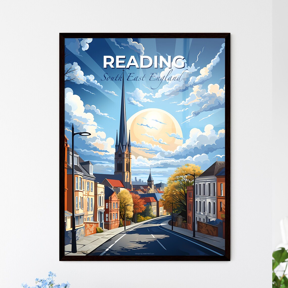 Reading England Church Spire Street Sunset Vintage Travel Poster