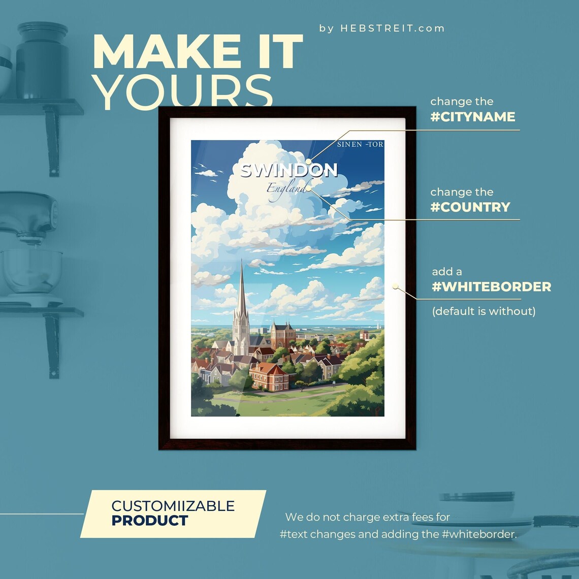 Swindon England Church Spire Town Rooftops Cloud Sky Travel Poster - Image 2
