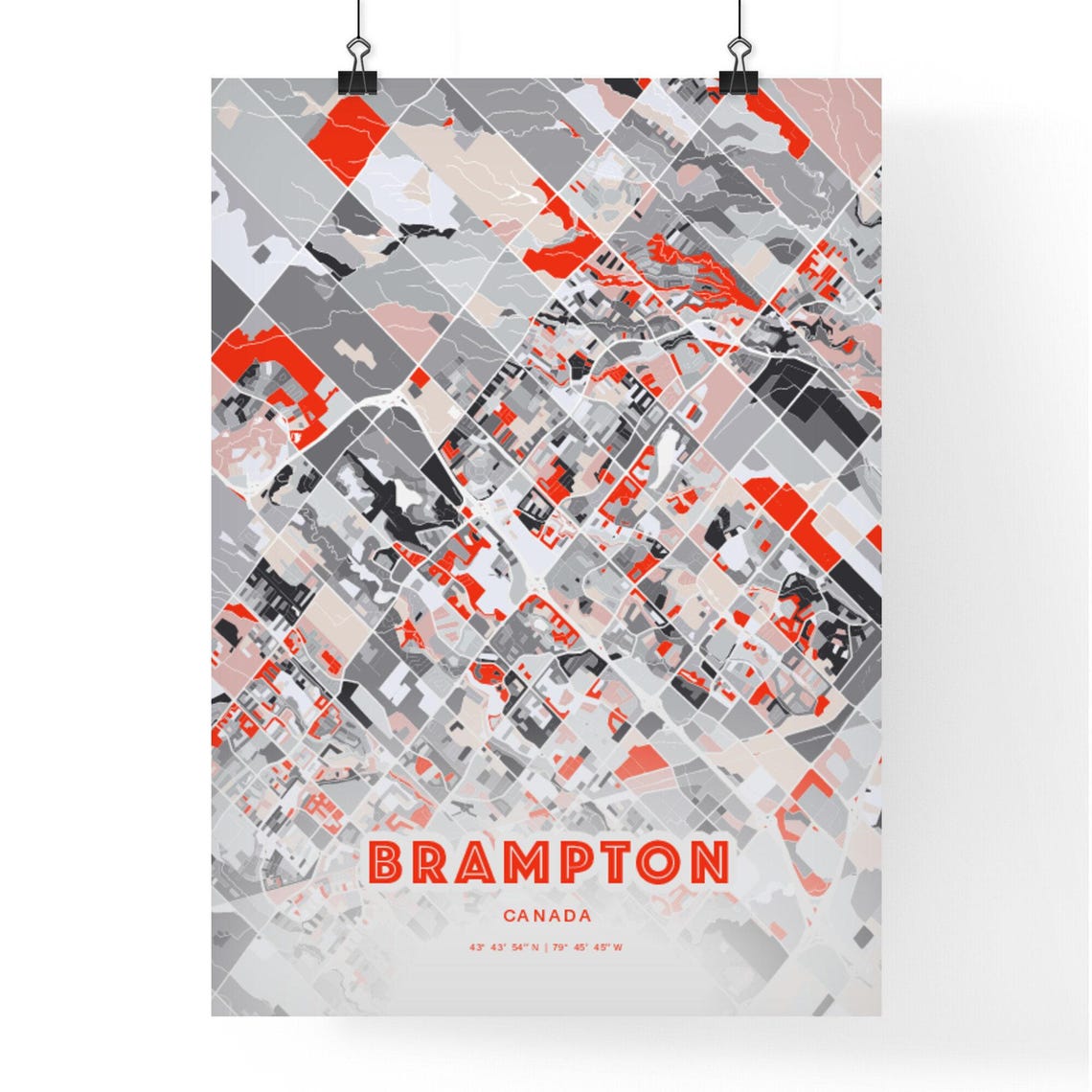 Brampton Canada Modern Red Abstract City Street Map Art Poster - Image 3