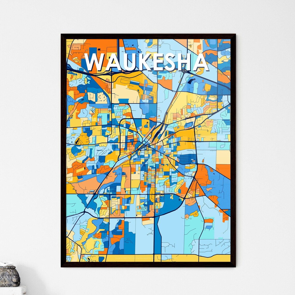 Waukesha Wisconsin Vibrant Colorful City Map Art Poster for Home Decor