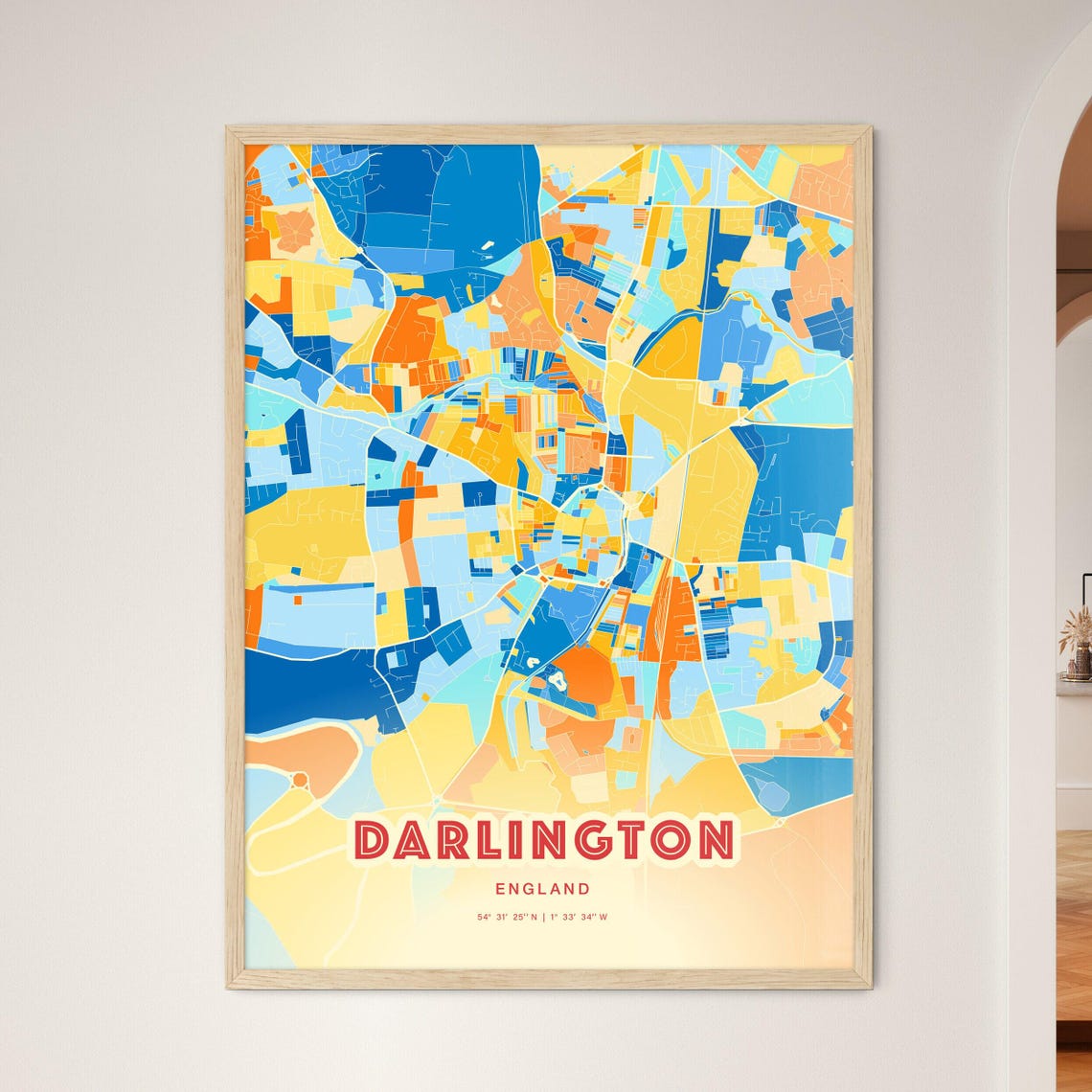 Darlington England Blue Orange Historic Market Town Map Art Poster
