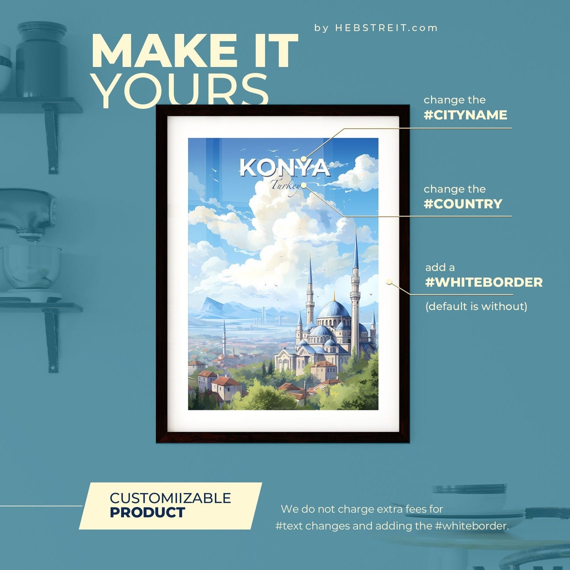 Konya Turkey Skyline Mosque Minarets Blue Dome Cityscape Travel Poster - Image 2