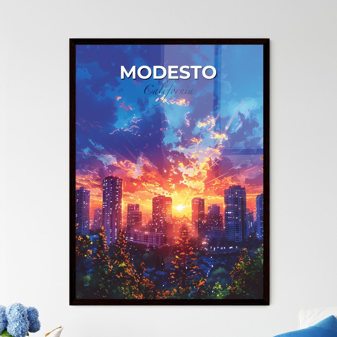 Modesto California Dramatic Sunset Downtown Skyline Travel Poster