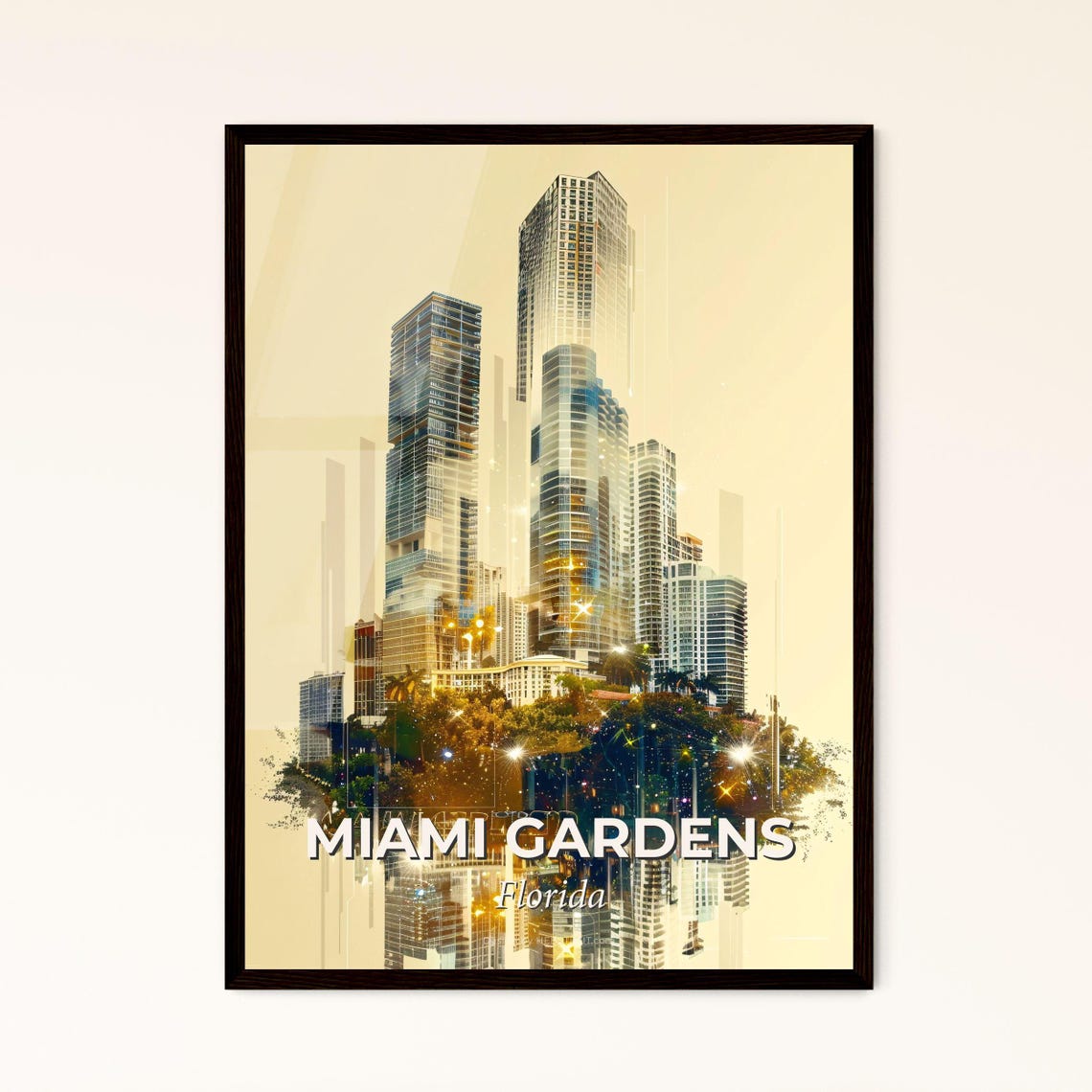Miami Gardens Florida Golden Skyscraper Palms Sunset Art Poster